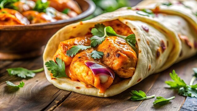 Extreme close-up of cheesy chicken tikka naan roll with cilantro garnish