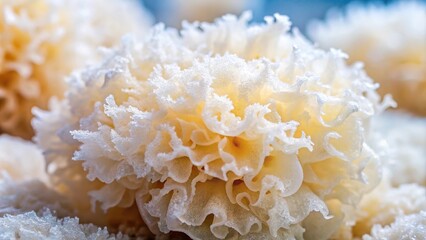 Extreme close-up of Chinese gelatinous fungi Tremella fuciformis, also known as snow fungus