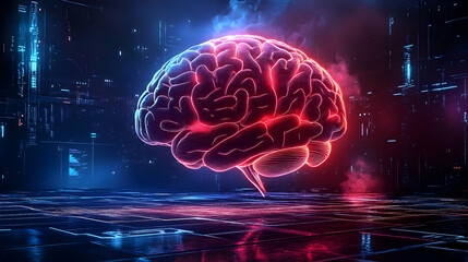 Digital Brain Illustration with Neon Glowing Lines in Abstract Futuristic Cyberspace Background