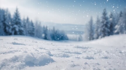 Obraz premium Winter falling snow with christmas pine tree in background, holiday snowy nature landscape concept