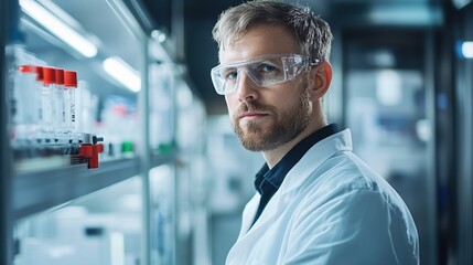 Male scientist in lab coat and glasses standing in laboratory with equipment.