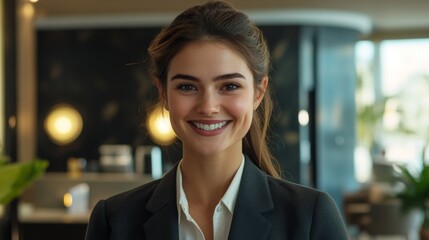 Obraz premium Portrait of a Smiling Young Woman in a Black Blazer