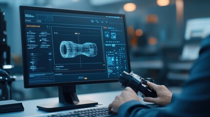 Person analyzing 3D model on screen with gaming console controller in a modern workspace.