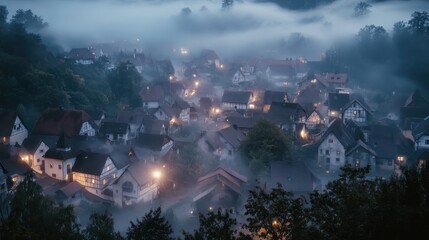 Obraz premium A misty village at dusk, illuminated by soft lights, creating a serene atmosphere.