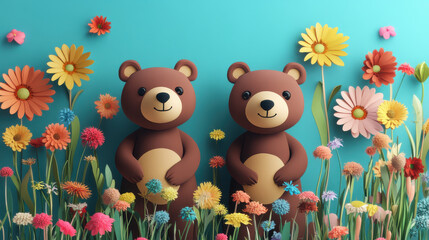 Adorable cute chibi bear cartoon character sitting on grass, surrounded by colorful flowers and leaves, with a bright smile and sparkling eyes.
