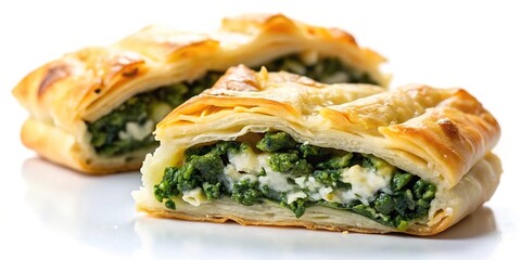 Extreme close-up of crispy spinach and feta pastry on white background