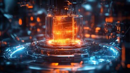 A glowing quantum computer unit, surrounded by flowing energy streams, suspended in a dark, high-tech environment with futuristic robotic elements