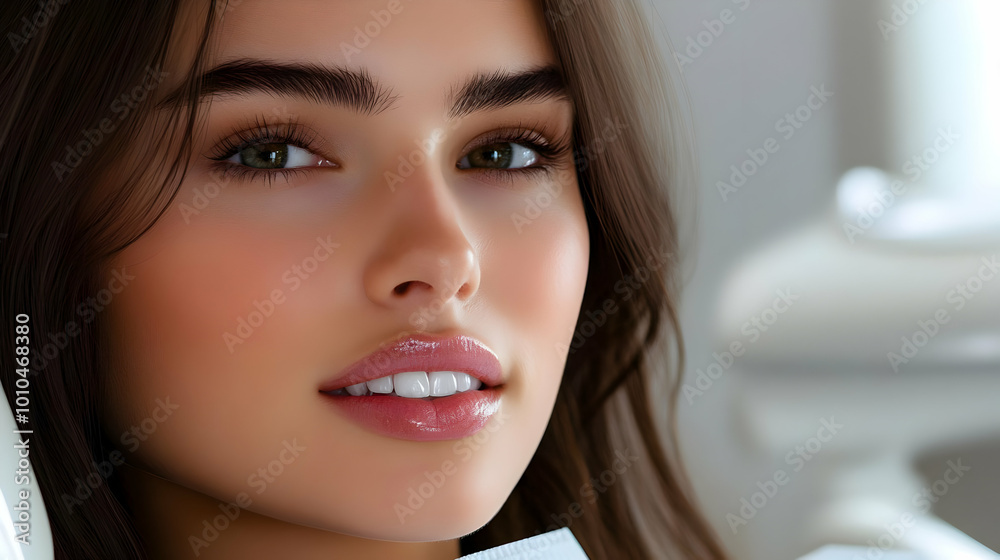 Poster Smiling Woman with Long Brown Hair and White Teeth