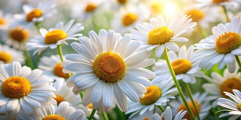 Fototapeta premium Extreme close-up of daisy flowers background with white camomile petals texture