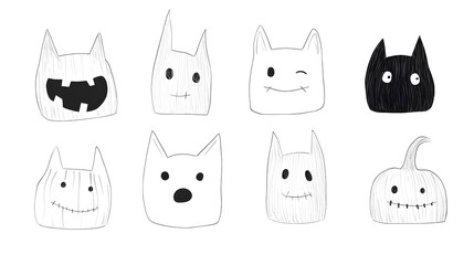 Playful Halloween-themed doodles of cute cat and pumpkin faces.
