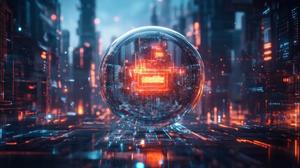 Fototapeta premium A high-tech quantum computer encased in chrome, glowing with pulsating red and blue light, floating above a cyber city skyline, futuristic urban background