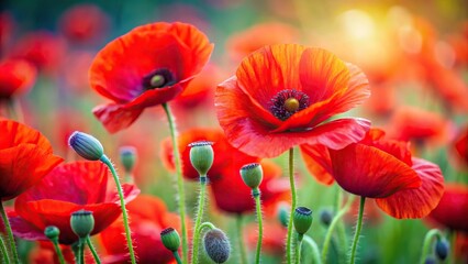 Fototapeta premium Extreme close-up of flowers and red poppies blooming in spring