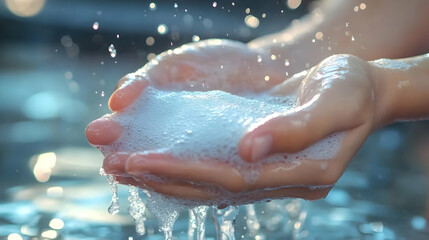Fototapeta premium Close-up of Hands Cupping Water with Soap Bubbles, Creating a Delightful Cascade of Refreshing Bubbles