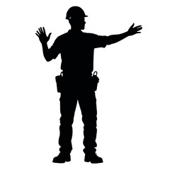 a black silhouette of a construction worker. The worker is standing with his arms stretched out to the sides and his hands raised in the air
