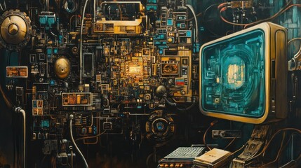 Fototapeta premium A futuristic, abstract, technological painting with a teal and gold color scheme