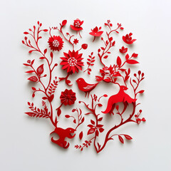 Red paper cut decorations with floral and animal designs, arranged on a white surface, soft even lighting, minimal and elegant composition