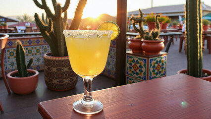 agua fresca cocktail on wooden table at spanish themed bar and restaurant