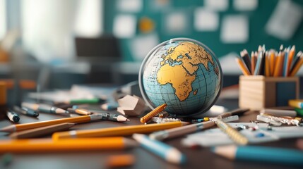 Fototapeta premium Globe surrounded by stationery items on a desk in a classroom setting.