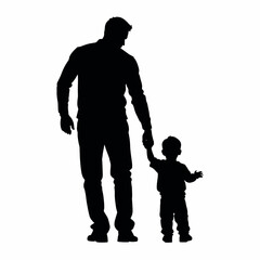 a black silhouette of a father and his child. The father is standing with his back to the viewer, holding the child's hand. isolated white background