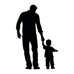 a black silhouette of a father and his child. The father is standing with his back to the viewer, holding the child's hand. isolated white background