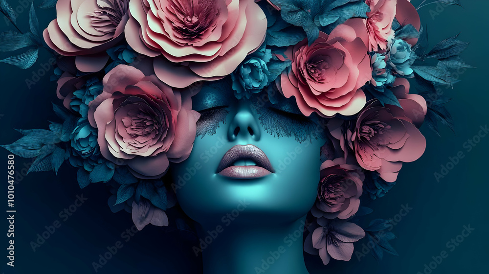 Canvas Prints Flowers Adorn a Woman's Face in a Surreal Floral Portrait