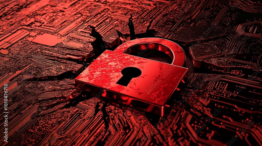 Poster A red padlock sits in a crack in a circuit board, representing security breaches and cyberattacks.