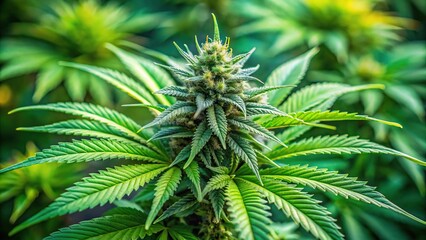 Naklejka premium Extreme close-up of maturing marijuana plant leaves and flowers