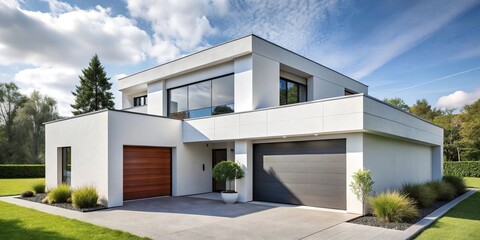 Extreme close-up of modern white house with garage and landscaping