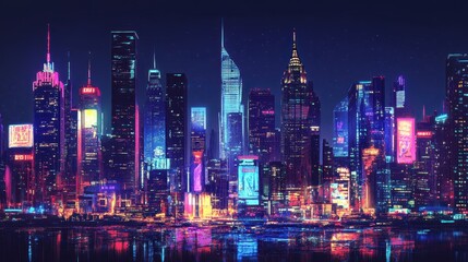 Obraz premium Night cityscape with skyscrapers and neon lights 