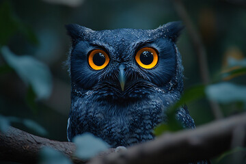 An owl perched on a tree branch in a dark forest, glowing yellow eyes, moonlight filtering through the leaves, mysterious and quiet atmosphere.