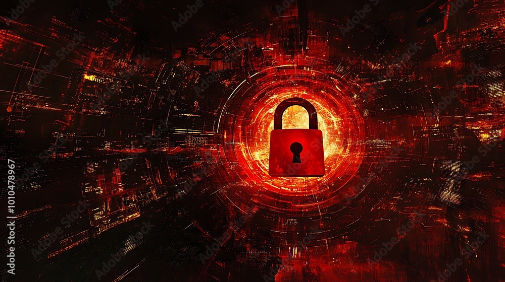 Poster a red padlock in the center of a swirling vortex of red and orange light, symbolizing online securit