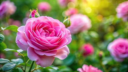 Obraz premium Extreme close-up of pink rose plant blooming in garden, with pink flower and bud on green background