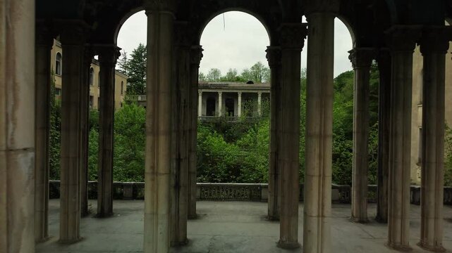 Aerial View of Abandoned Medea Sanatorium in Tskhaltubo with Columns