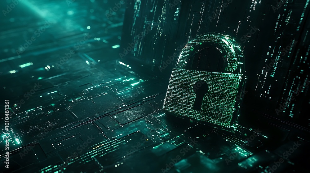 Poster A digital lock made of green binary code sits on a circuit board, representing the concept of data security and cyber protection.