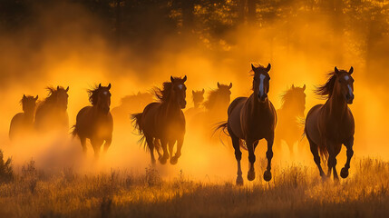 Horses Galloping Through Golden Dust at Sunset