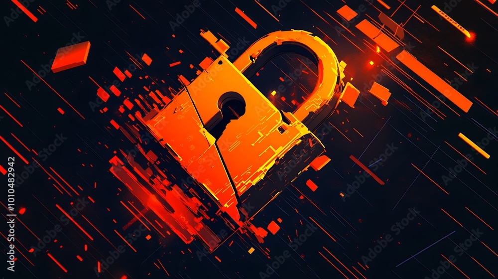 Poster A 3D rendering of a glowing orange padlock with a keyhole, set against a dark background with digital streaks of light.
