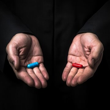 A pair of hands is shown offering a choice between a red pill and a blue pill, symbolizing choices and decisions in human life.