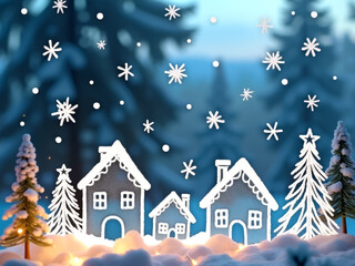 Fototapeta premium Frosted window scene with holiday village silhouette