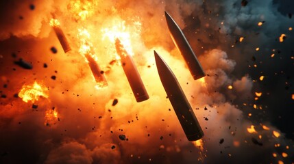 military bombing or air strike burning target location with missile rockets and shells with fire and smoke at destroyed warzone for world war and explosion concepts, wide copy space, Generative AI