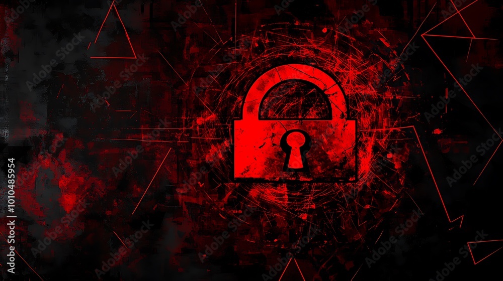 Poster a red padlock with a keyhole sits in the center of a circular red, white, and black background with 