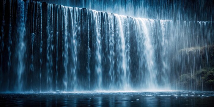 Extreme close-up of waterfall in dark rain over water