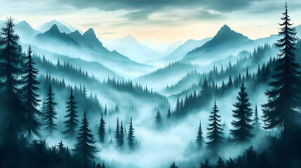 Fototapeta premium A Misty Mountain Valley with Lush Evergreen Forest and a Silhouetted Skyline