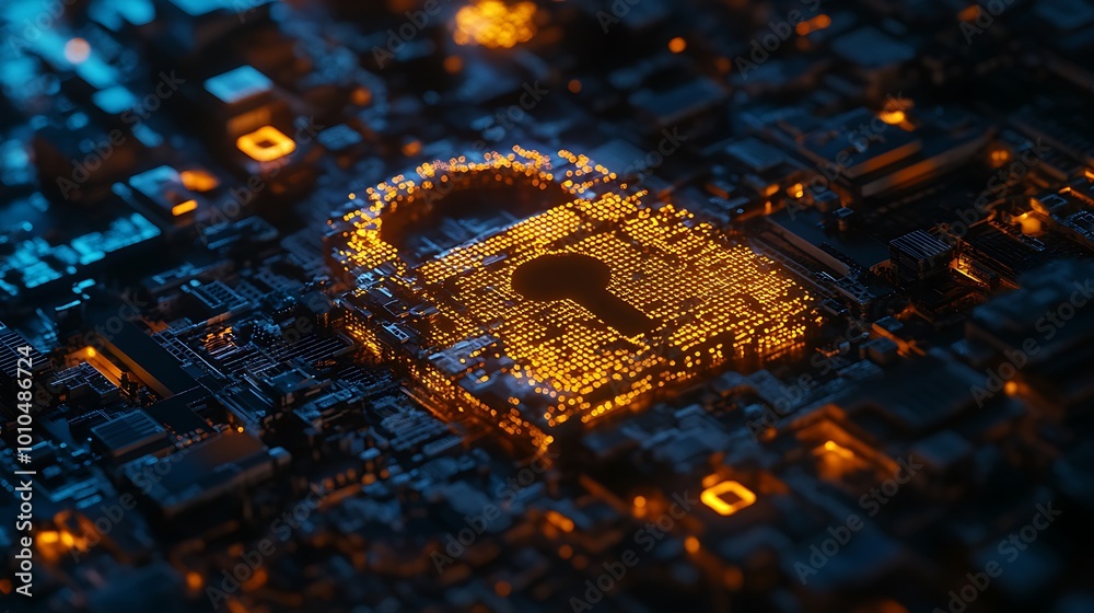 Poster A glowing padlock symbol is embedded in a circuit board, representing digital security and data protection.