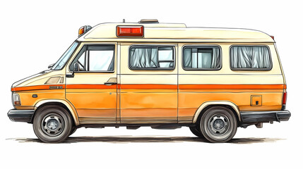 A Hand-Drawn Illustration of a Vintage  Ambulance Van with an Orange and White Color Scheme, Depicting a Classic Medical Vehicle  Side View with Details.