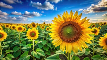 Fototapeta premium Extreme Close-Up panorama of green sunflowers on the plantation green field and sky