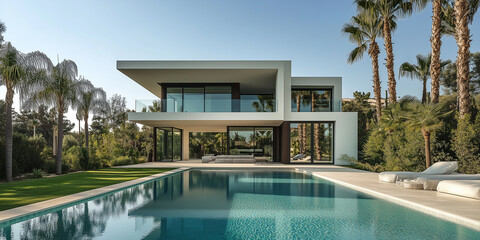 Fototapeta premium Außenansicht einer erstaunlichen modernen, minimalistischen kubischen Luxusvilla mit großem Swimmingpool und Palmen.