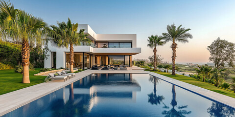 Außenansicht einer erstaunlichen modernen, minimalistischen kubischen Luxusvilla mit großem Swimmingpool und Palmen.