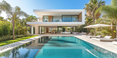 Fototapeta premium Außenansicht einer erstaunlichen modernen, minimalistischen kubischen Luxusvilla mit großem Swimmingpool und Palmen.