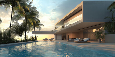 Fototapeta premium Außenansicht einer erstaunlichen modernen, minimalistischen kubischen Luxusvilla mit großem Swimmingpool und Palmen.
