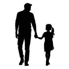 a man with her little daughter holding hand together and walking looking forward isolated white background
